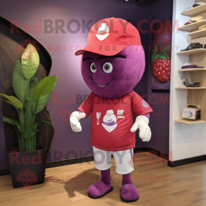 Red Grape mascot costume character dressed with a Graphic Tee and Hats