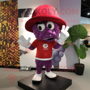 Red Grape mascot costume character dressed with a Graphic Tee and Hats