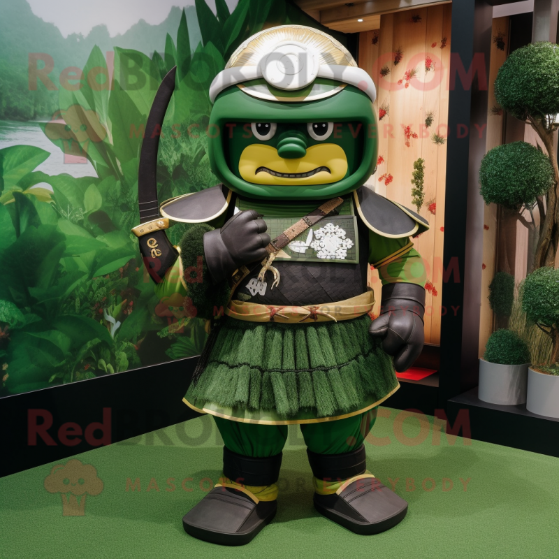 Forest Green Samurai mascot costume character dressed with a Shorts and Brooches Forest Green Samurai mascot costume character dressed with a Shorts and Brooches