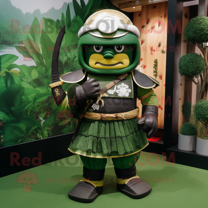 Forest Green Samurai mascot costume character dressed with a Shorts and Brooches