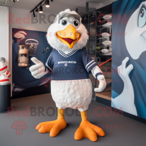 Navy Seagull mascot costume character dressed with a Rugby Shirt and Gloves