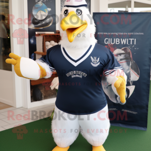 Navy Seagull mascot costume character dressed with a Rugby Shirt and Gloves