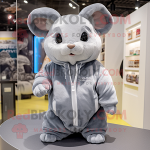 Gray Chinchilla mascot costume character dressed with a Hoodie and Earrings