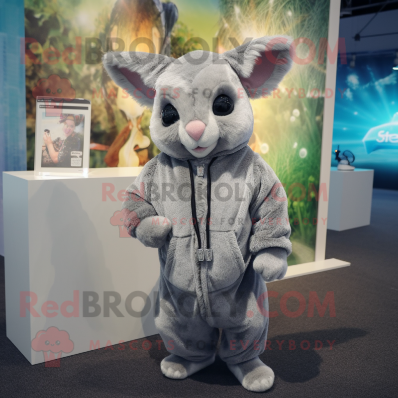 Gray Chinchilla mascot costume character dressed with a Hoodie and Earrings