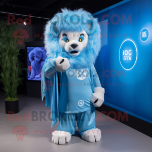 Sky Blue Lion mascot costume character dressed with a Graphic Tee and Wraps