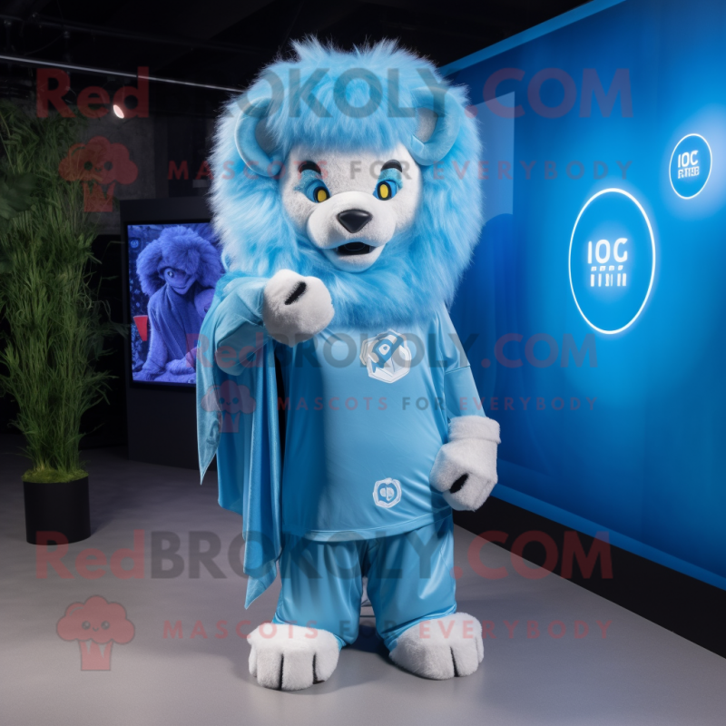 Sky Blue Lion mascot costume character dressed with a Graphic Tee and Wraps Sky Blue Lion mascot costume character dressed with a Graphic Tee and Wraps