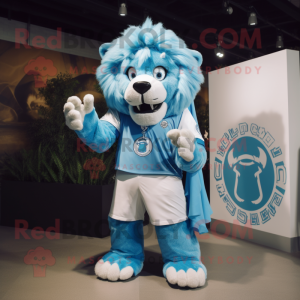 Sky Blue Lion mascot costume character dressed with a Graphic Tee and Wraps