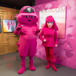 Magenta Air Force Soldier mascot costume character dressed with a Midi Dress and Cummerbunds