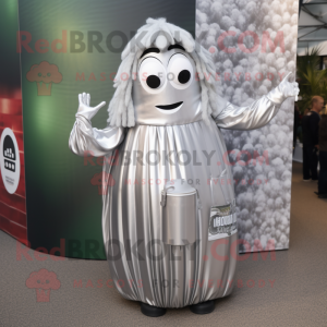 Silver Soda Can mascot costume character dressed with a Maxi Dress and Backpacks