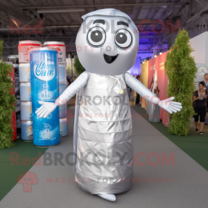 Silver Soda Can mascot costume character dressed with a Maxi Dress and Backpacks
