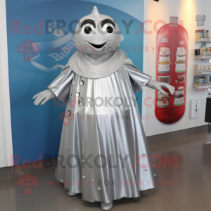 Silver Soda Can mascot costume character dressed with a Maxi Dress and Backpacks