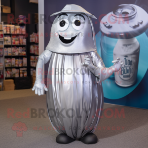 Silver Soda Can mascot costume character dressed with a Maxi Dress and Backpacks