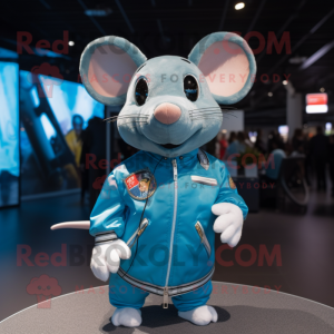 Cyan Rat mascot costume character dressed with a Bomber Jacket and Rings