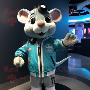 Cyan Rat mascot costume character dressed with a Bomber Jacket and Rings