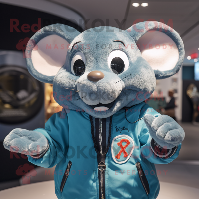 Cyan Rat mascot costume character dressed with a Bomber Jacket and Rings Cyan Rat mascot costume character dressed with a Bomber Jacket and Rings