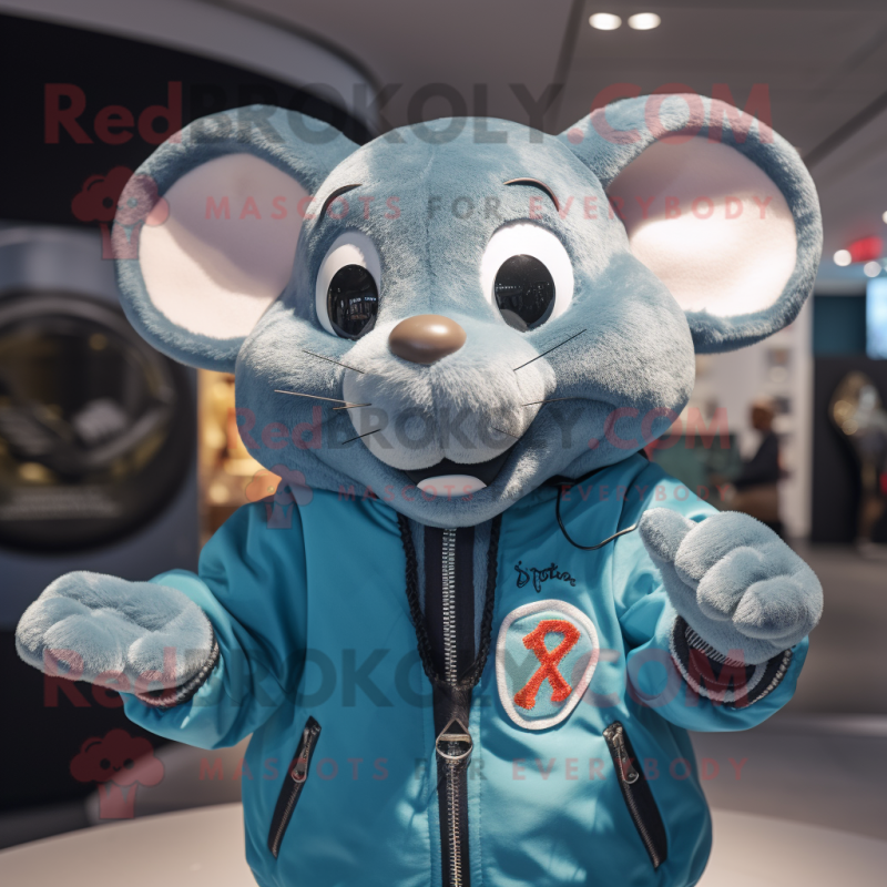 Cyan Rat mascot costume character dressed with a Bomber Jacket and Rings