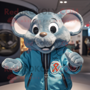 Cyan Rat mascot costume character dressed with a Bomber Jacket and Rings