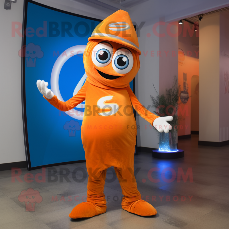 Orange Gyro mascot costume character dressed with a Skinny Jeans and Beanies Orange Gyro mascot costume character dressed with a Skinny Jeans and Beanies