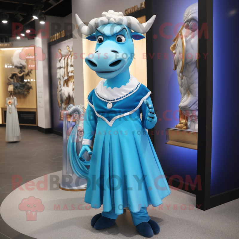Blue Zebu mascot costume character dressed with a Evening Gown and Handbags Blue Zebu mascot costume character dressed with a Evening Gown and Handbags