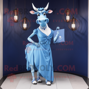 Blue Zebu mascot costume character dressed with a Evening Gown and Handbags