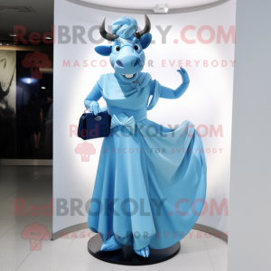 Blue Zebu mascot costume character dressed with a Evening Gown and Handbags