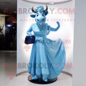 Blue Zebu mascot costume character dressed with a Evening Gown and Handbags