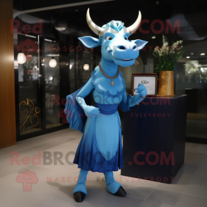 Blue Zebu mascot costume character dressed with a Evening Gown and Handbags