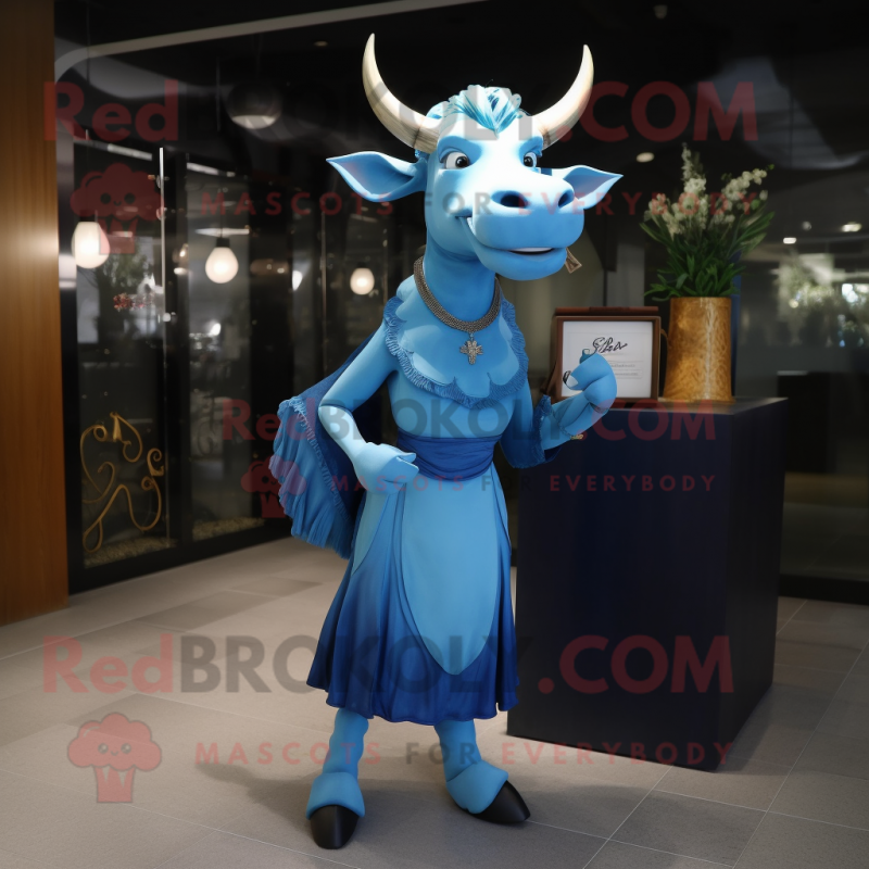 Blue Zebu mascot costume character dressed with a Evening Gown and Handbags Blue Zebu mascot costume character dressed with a Evening Gown and Handbags