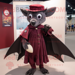 Maroon Bat mascot costume character dressed with a Empire Waist Dress and Lapel pins