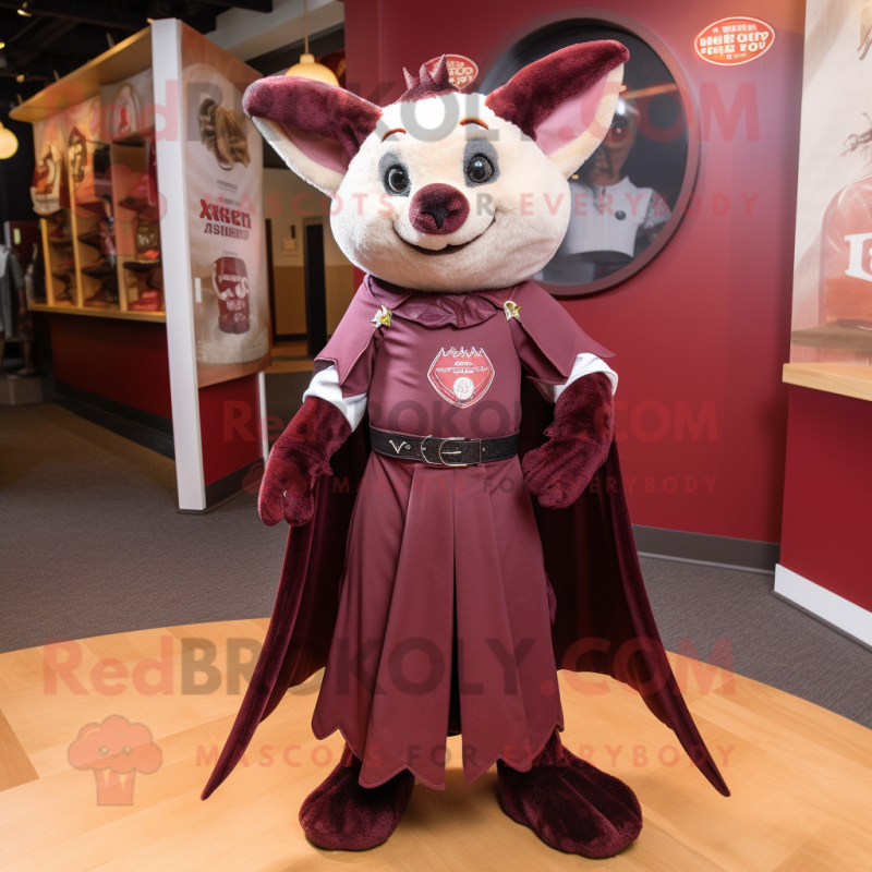 Maroon Bat mascot costume character dressed with a Empire Waist Dress and Lapel pins