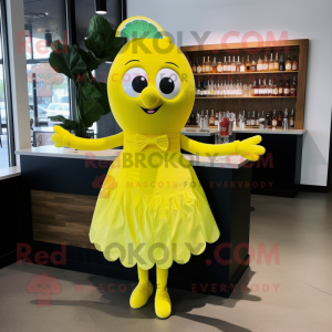 Lemon Yellow Raspberry mascot costume character dressed with a Cocktail Dress and Headbands