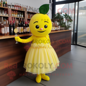 Lemon Yellow Raspberry mascot costume character dressed with a Cocktail Dress and Headbands