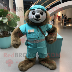 Teal Sloth mascot costume character dressed with a Cargo Pants and Bow ties