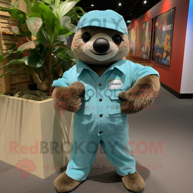 Teal Sloth mascot costume character dressed with a Cargo Pants and Bow ties Teal Sloth mascot costume character dressed with a Cargo Pants and Bow ties