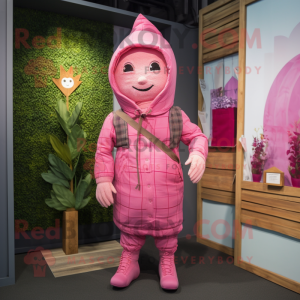 Pink Scarecrow mascot costume character dressed with a Hoodie and Pocket squares