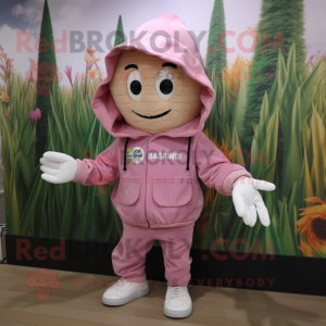 Pink Scarecrow mascot costume character dressed with a Hoodie and Pocket squares