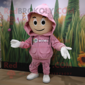 Pink Scarecrow mascot costume character dressed with a Hoodie and Pocket squares