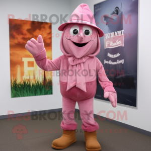 Pink Scarecrow mascot costume character dressed with a Hoodie and Pocket squares