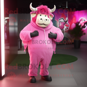 Pink Yak mascot costume character dressed with a Sweatshirt and Bracelets