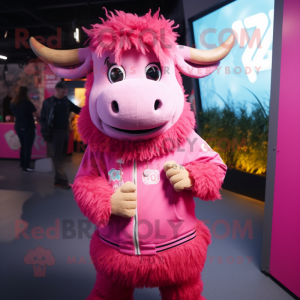 Pink Yak mascot costume character dressed with a Sweatshirt and Bracelets