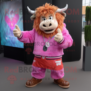 Pink Yak mascot costume character dressed with a Sweatshirt and Bracelets