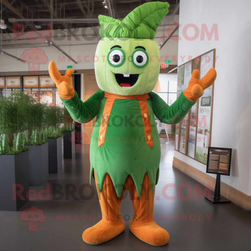 Rust Celery mascot costume character dressed with a Romper and Suspenders Rust Celery mascot costume character dressed with a Romper and Suspenders