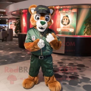 Forest Green Mountain Lion mascot costume character dressed with a Bomber Jacket and Rings