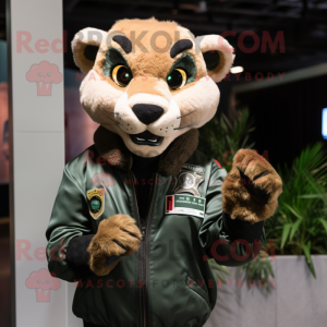 Forest Green Mountain Lion mascot costume character dressed with a Bomber Jacket and Rings