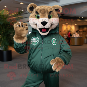 Forest Green Mountain Lion mascot costume character dressed with a Bomber Jacket and Rings