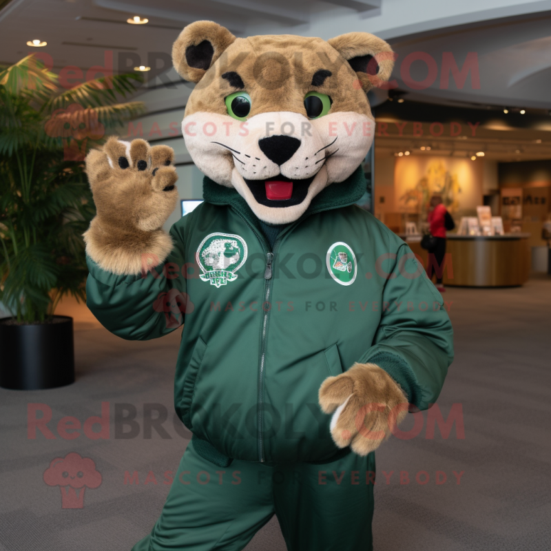 Forest Green Mountain Lion mascot costume character dressed with a Bomber Jacket and Rings Forest Green Mountain Lion mascot costume character dressed with a Bomber Jacket and Rings