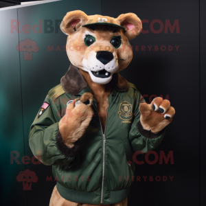 Forest Green Mountain Lion mascot costume character dressed with a Bomber Jacket and Rings