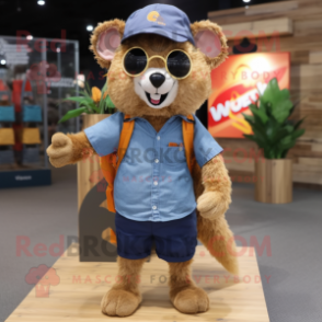 Gold Mongoose mascot costume character dressed with a Denim Shorts and Hair clips