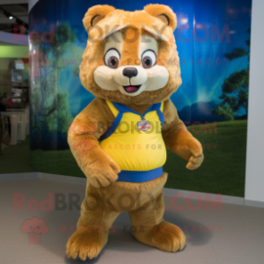 Gold Mongoose mascot costume character dressed with a Denim Shorts and Hair clips