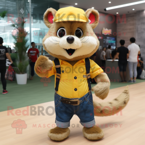 Gold Mongoose mascot costume character dressed with a Denim Shorts and Hair clips